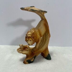 Rustic Lion And Cub Faux Wood Resin Sculpture Figurine 7.5"